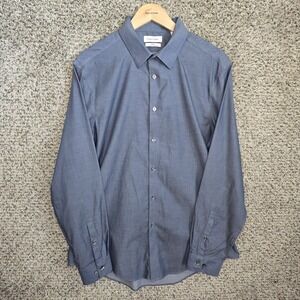 Calvin Klein Dress Shirt Mens 17 34/35 XL Blue Steel+ Herringbone Slim Fit